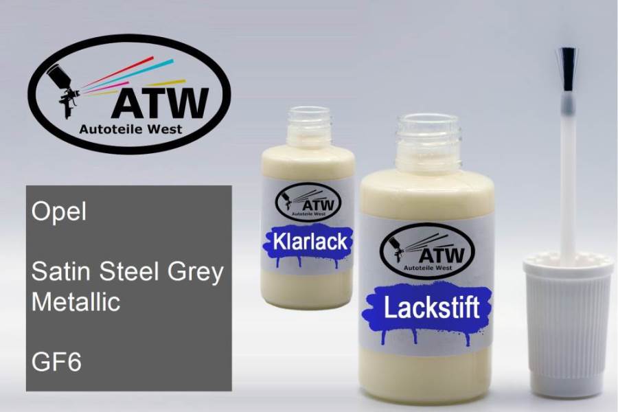 Opel, Satin Steel Grey Metallic, GF6: 20ml Lackstift + 20ml Klarlack - Set, von ATW Autoteile West.